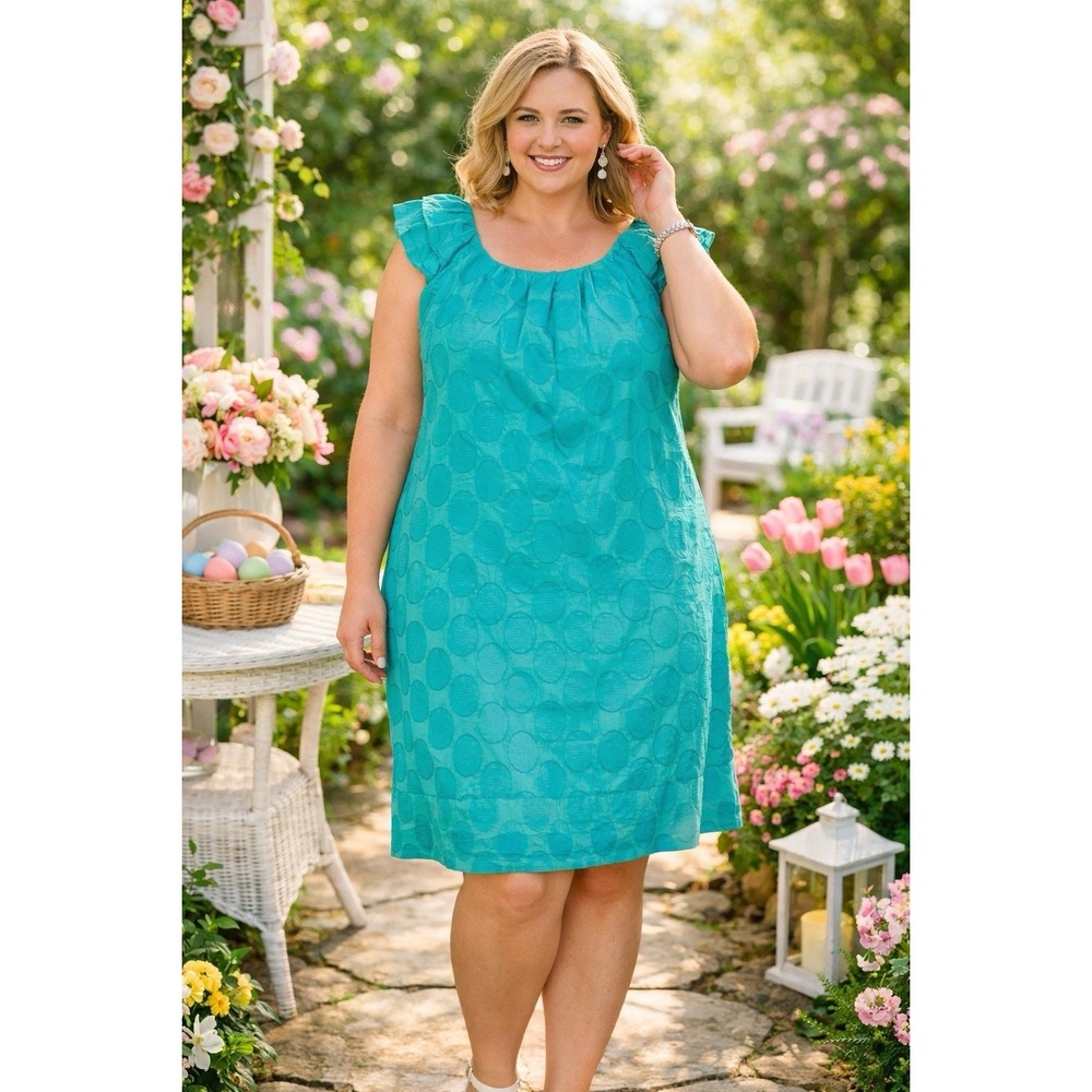 Chris McLaughlin Teal Textured Cotton Dress Size 18 Ruffle Sleeve‎ Shift Dress
